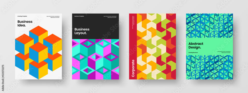 Fresh company cover A4 vector design layout set. Multicolored geometric tiles flyer template collection.