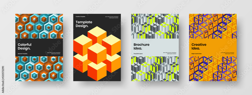 Isolated geometric tiles placard illustration composition. Amazing corporate brochure A4 vector design layout set.