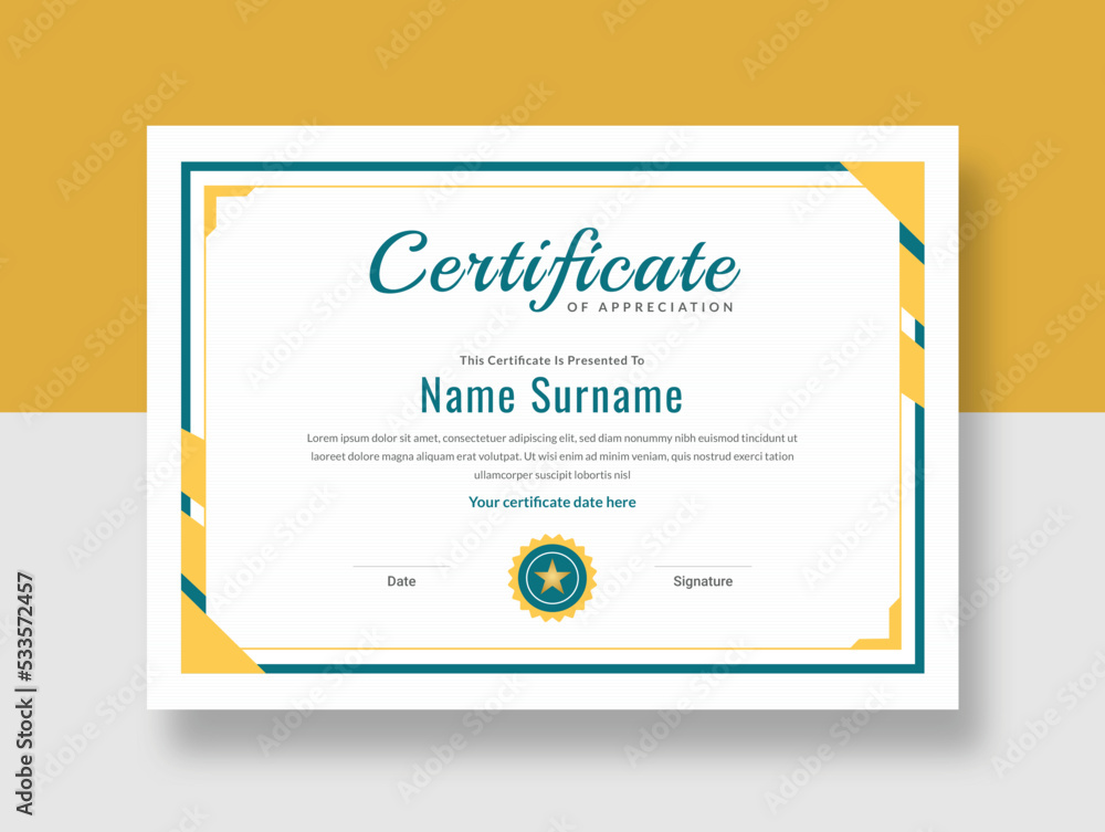 Yellow Modern Design Certificate Template, Elegant certificate or diploma retro vintage design Yellow Modern Design Certificate Template, Elegant certificate or diploma retro vintage design