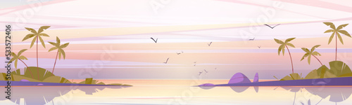 Tropical island landscape at early morning, calm sea and palm trees under pink cloudy sky with flying birds, ocean water surface and dawn heaven beautiful nature, Cartoon vector game background