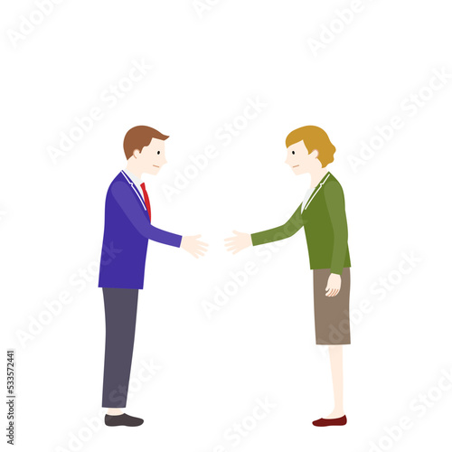 握手をするビジネスマンとビジネスウーマンのイラスト（白背景・ベクター・切り抜き）