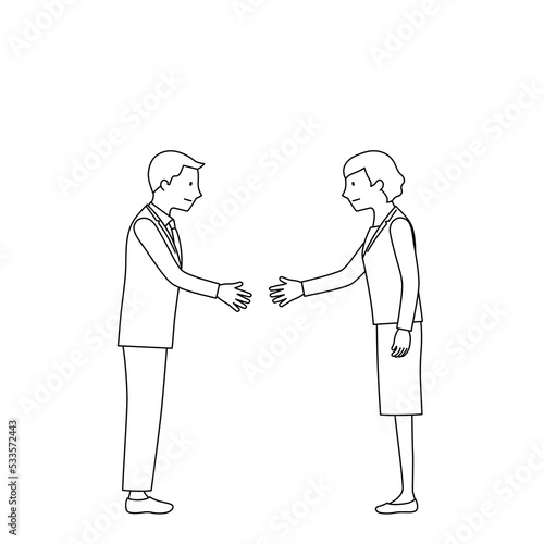 握手をするビジネスマンとビジネスウーマンのイラスト（白背景・ベクター・線画・切り抜き）
