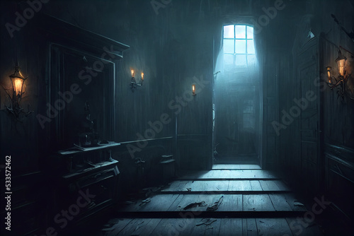 creepy interior of an abandoned building background, concept art, digital illustration, haunted house, scary interior, Generative AI © Badger