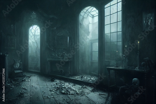 creepy interior of an abandoned building background, concept art, digital illustration, Generative AI
