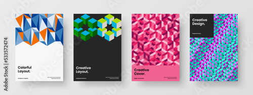 Unique geometric pattern poster concept set. Creative journal cover vector design layout collection.