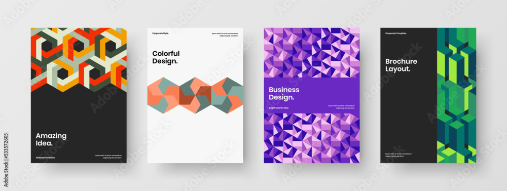 Unique mosaic pattern corporate identity template bundle. Amazing flyer A4 design vector illustration collection.