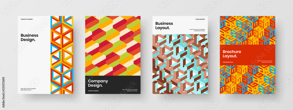 Fototapeta premium Minimalistic front page A4 vector design illustration set. Amazing geometric shapes magazine cover concept composition.