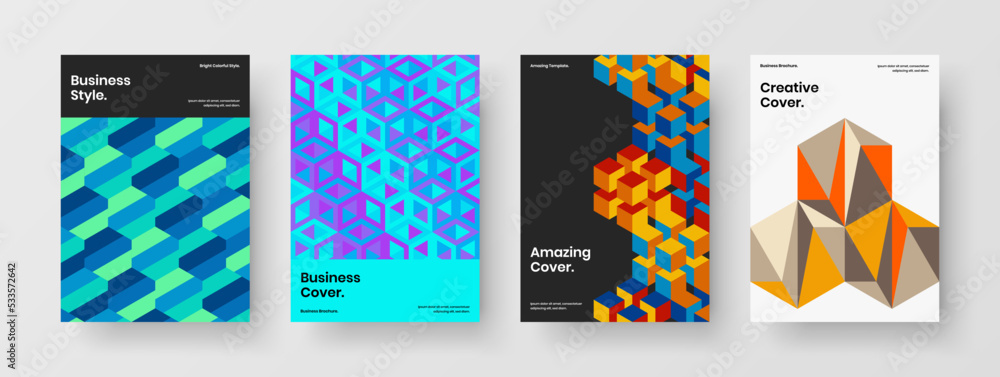 Multicolored geometric shapes annual report illustration collection. Colorful flyer A4 design vector layout set.