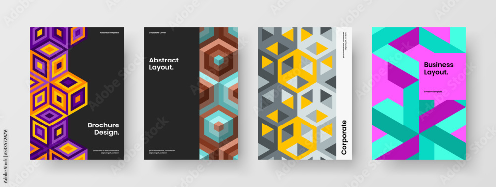 Original flyer design vector illustration collection. Abstract geometric hexagons front page template composition.