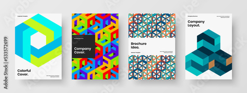 Clean company brochure A4 vector design layout set. Unique geometric tiles catalog cover concept composition.