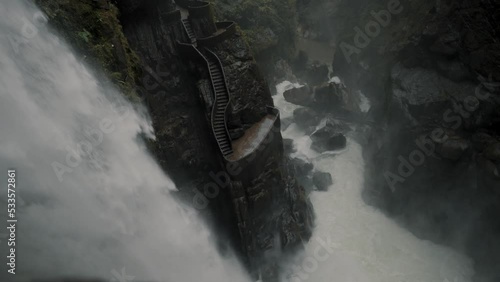 Viewing Balcony Reveal Stunning Pailon del Diablo Waterfall In Rio Verde, Ecuador. Reveal Shot
