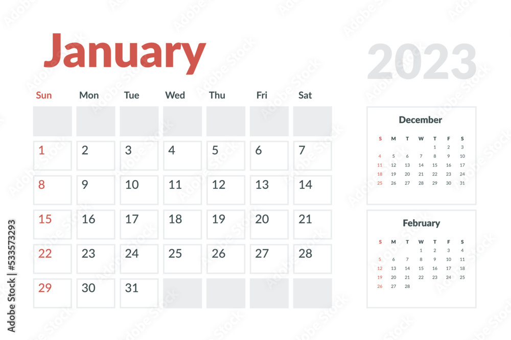 Calendar Template of january 2023. Vector layout simple calendar with week start sunday. Calendar Template of january 2023. Vector layout simple calendar with week start sunday.
