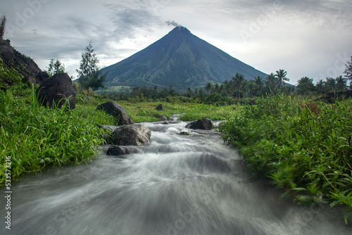 River from Mayon Volcano with a long exposure running water.
