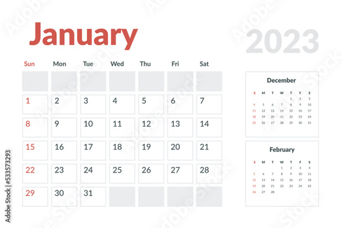 Calendar Template of january 2023. Vector layout simple calendar with week start sunday.