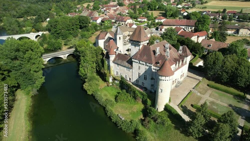 The castle of Cleron and the river Loue seen from the air, Cleron, Bourgogne-Franche-Comte, France, Europe photo