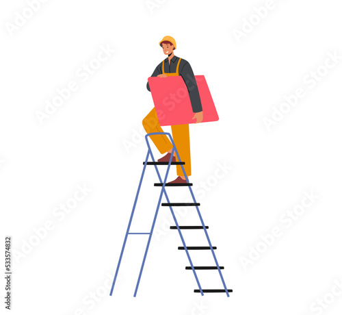 Worker Character with Red Tile Climbing on Ladder Isolated on White Background. Employee Conduct Roofing Works