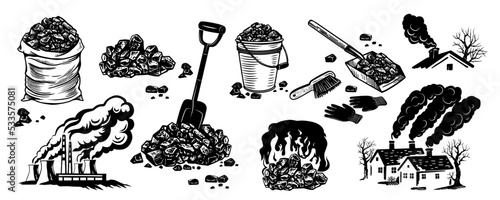 .Coal set. Various objects related to the extraction and exploitation of coal. Hand draw vector clipart. Black and white isolated sketches.