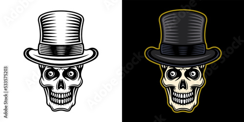 Gentleman skull in cylinder hat vector illustration in two styles monochrome on white and colorful on dark background