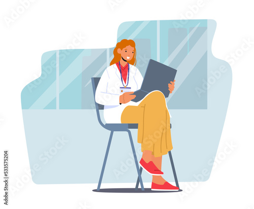 Medical Student Or Nurse Intern Female Character In Doctor Uniform with Badge Sitting on Chair with Folder in Hands