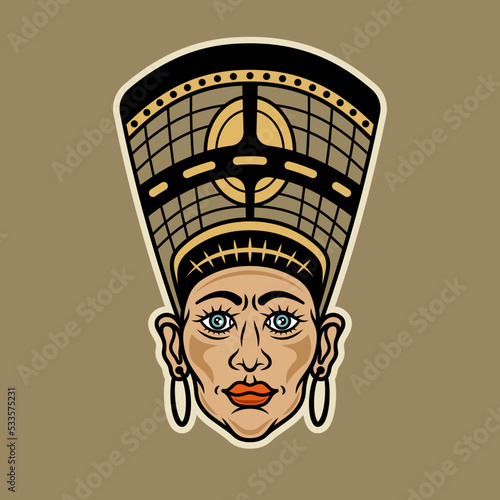 Head of nefertiti, ancient egyptian queen vector illustration in colorful cartoon style isolated on light background