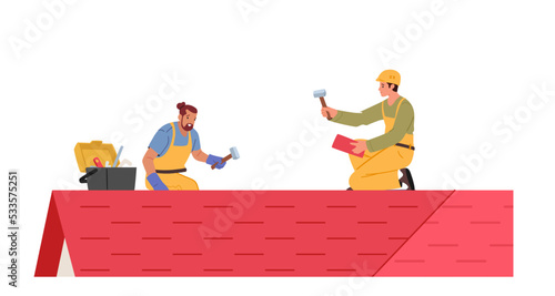 Men Roofers With Work Tools Roofing And Tiling Residential Building Roof. Construction Workers Characters Repair Rooftop