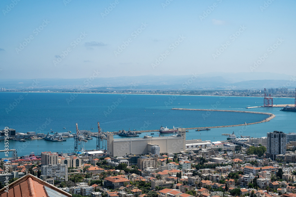 View of the port of the city of Haifa from the side of the sculpture park.