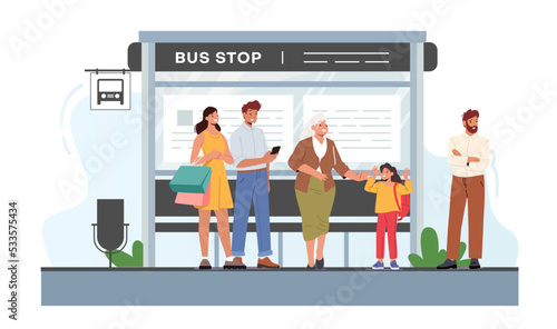 People Waiting on Bus Stop, Men, Women, Granny and Child Characters on Outdoor Commuter Transport Station City Landscape