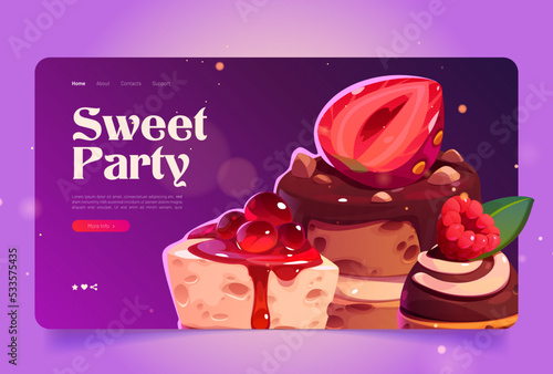 Confectionery business landing page template. Cartoon vector illustration of delicious cake, desserts decorated with sweet chocolate, fresh berries. Promo website for bakery or catering service
