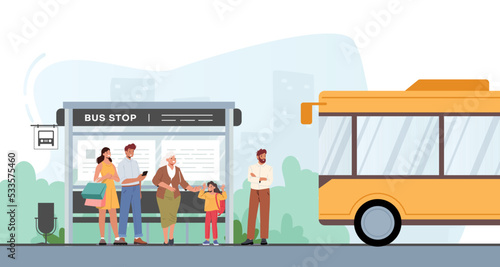 Public Transportation Service Concept. People Passengers on Bus Station Waiting Commuter Transport at City Landscape