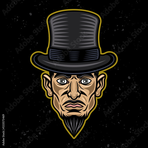 Magician or gambler in cylinder hat man head with mustache and goatee beard vector illustration in colored style on dark background