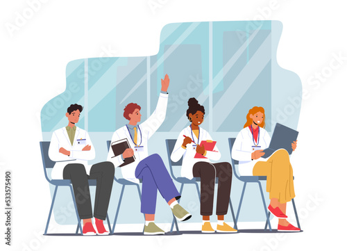 Medical Internship School Concept. Young Medic Specialists Sitting on Chairs, Writing Notes, Asking Questions on Seminar