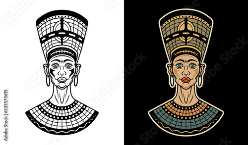Ancient egyptian queen nefertiti vector illustration in two styles black on white and colorful