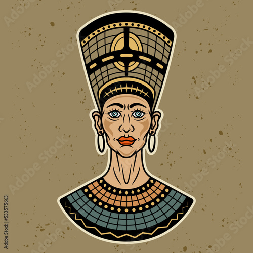 Ancient egyptian queen nefertiti vector illustration in colorful cartoon style isolated on light background