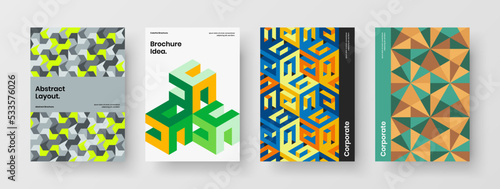 Bright geometric hexagons cover illustration set. Fresh annual report design vector concept collection.