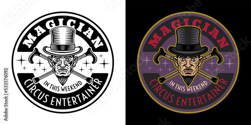 Magic show and illusionists vector emblem, logo, badge or label with magician in cylinder hat and two crossed canes illustration in two styles black on white and colored on dark background