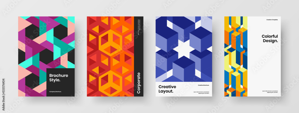 Amazing geometric hexagons flyer concept composition. Clean journal cover vector design template collection.
