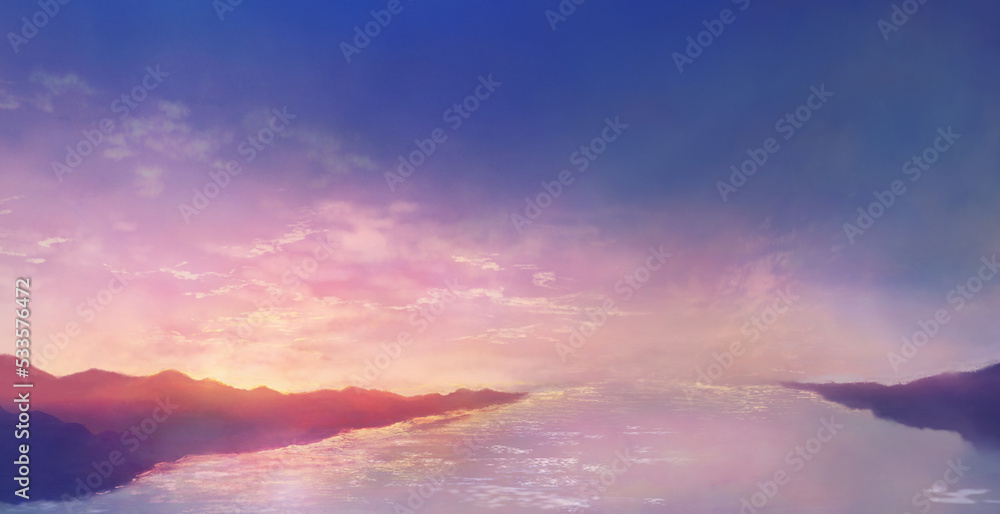朝焼けの空と山と海岸の風景イラスト　日の出