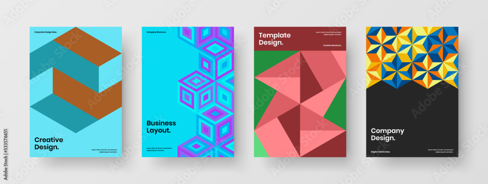 Multicolored geometric pattern presentation concept bundle. Original magazine cover A4 vector design template composition.