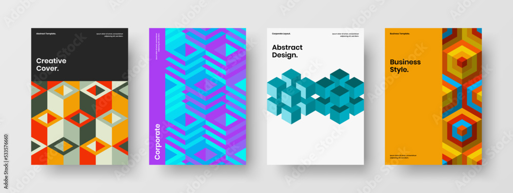 Vivid presentation vector design template collection. Minimalistic mosaic hexagons handbill illustration composition.