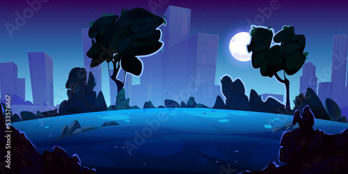 Midnight city with moonlit public garden. Cartoon vector illustration of full moon shining in night sky, dark urban park with trees and bushes against silhouettes of megalopolis skyscraper buildings