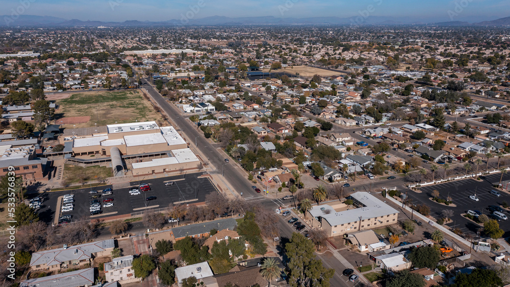 Fototapeta premium Afternoon aerial view of housing in Glendale, Arizona, USA.