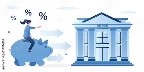 Woman rides on piggy bank to financial building. Protection of savings in bank. High percentage of profit on bank deposit. Smart businesswoman, money management. Passive income.