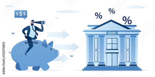 Businessman rides on piggy bank to financial building. Protection of savings in bank. High percentage of profit on bank deposit. Smart man, money management. Passive income.