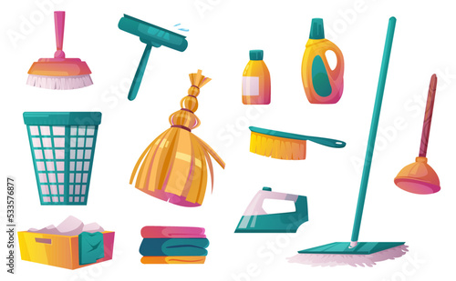 Household tools and chemicals cartoon set isolated on white. Vector illustration of mop, broomstick, plunger, brushes, laundry basket, detergent bottles, iron, linen stack. Home and office cleaning