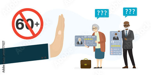 Businessman hand with restrictive gesture. Red circle, stop - 60 plus. Elderly people holds resume. Age discrimination, ageism, racism. Job seekers after interview. Unemployment.