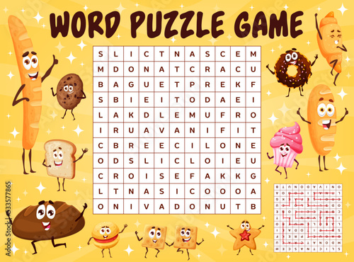Cartoon bakery and bread characters, word search puzzle game vector worksheet. Kids quiz grid, riddle or maze with cute baguette, croissant, burger and wheat bread, cake, donut, cupcake and cookie