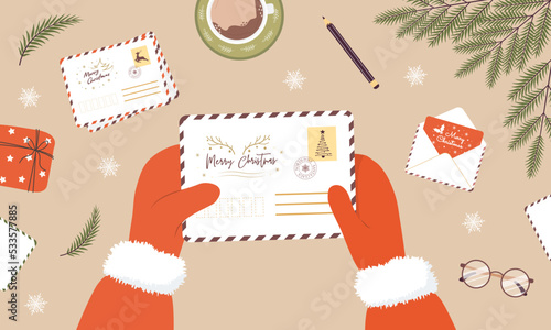 Santa claus hands holding envelope. Sending or receiving Christmas postcard with congratulations. Top view. Vector illustration in flat cartoon style. Winter holiday wishes.