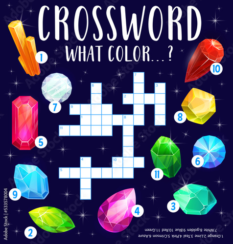 Gem, jewel and crystals crossword worksheet, find a word quiz game. Cartoon vector search puzzle for children educational, recreational or learning activity, riddle with colorful precious gemstones