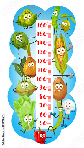 Cartoon farm vegetables sportsman characters, kids height chart ruler, vector growth meter. Baby measure scale or height chart with vegetables in fitness sport, onion and corn with gym dumbbells