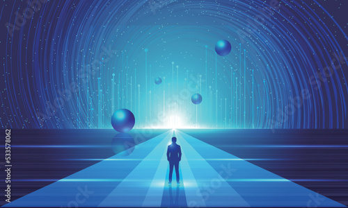 Businessman facing cosmic swirl planet starry sky future technology concept illustration